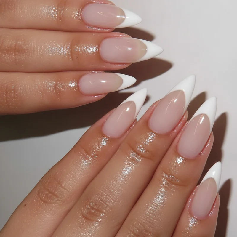 French manicure with glossy nude and white-tipped nails
